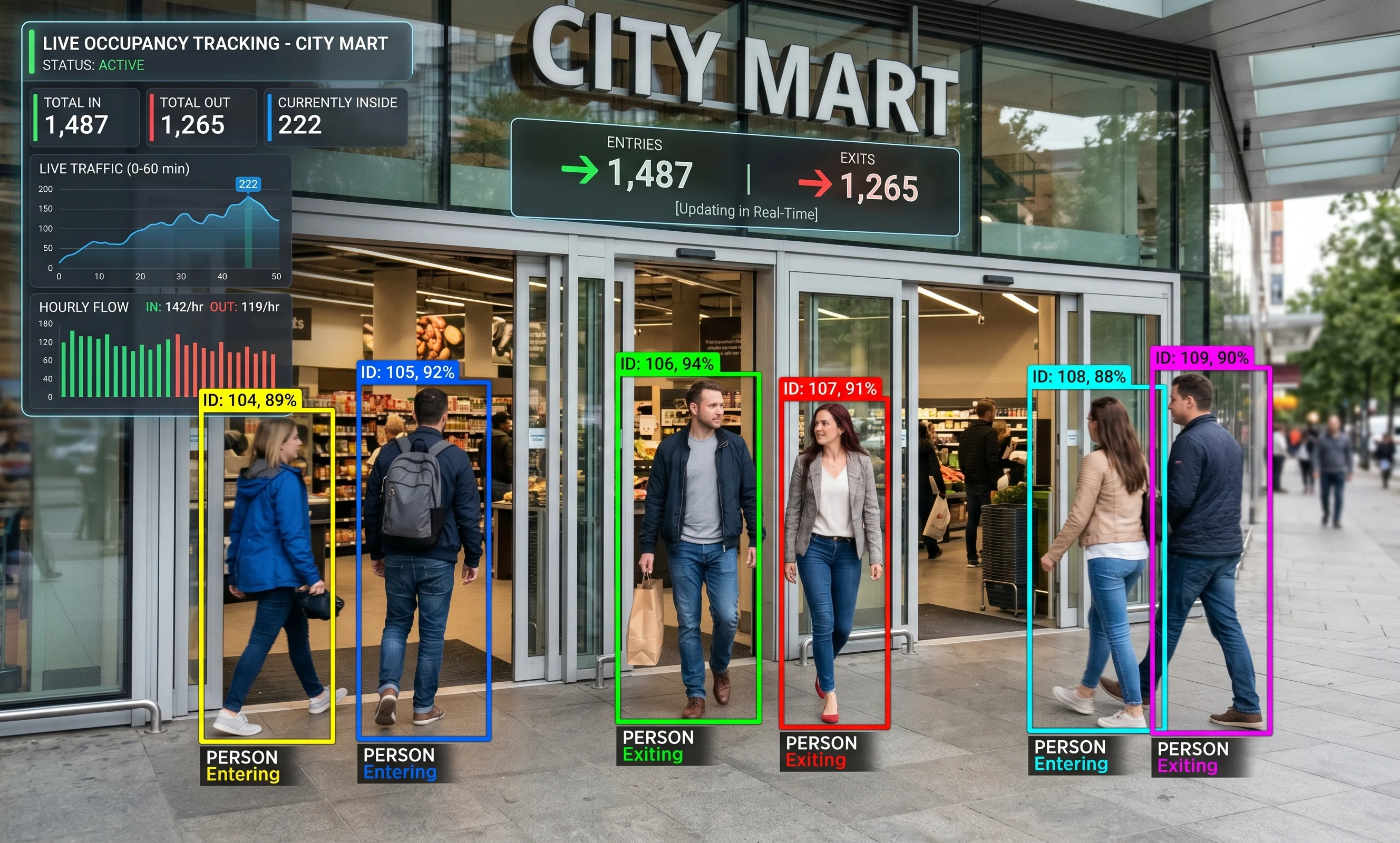 Real-time people counting at a busy store entrance with live count overlay